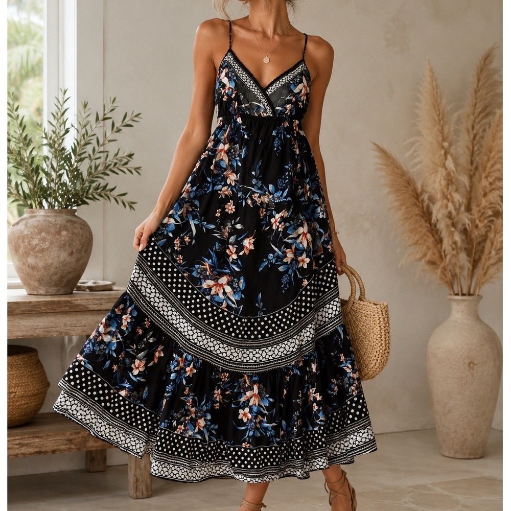 Jealous Tomato Floral High Low Maxi Dress Womens S Black Excellent Boho Summer